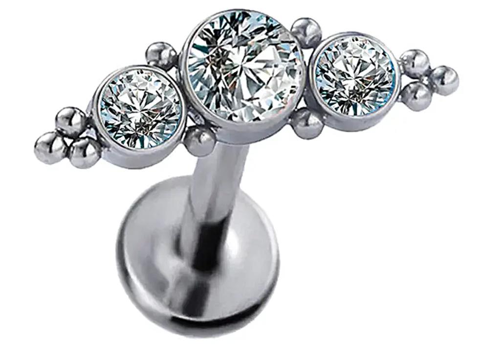 Internally Threaded Labret with Bezel Set 3 Cz Cluster and beads