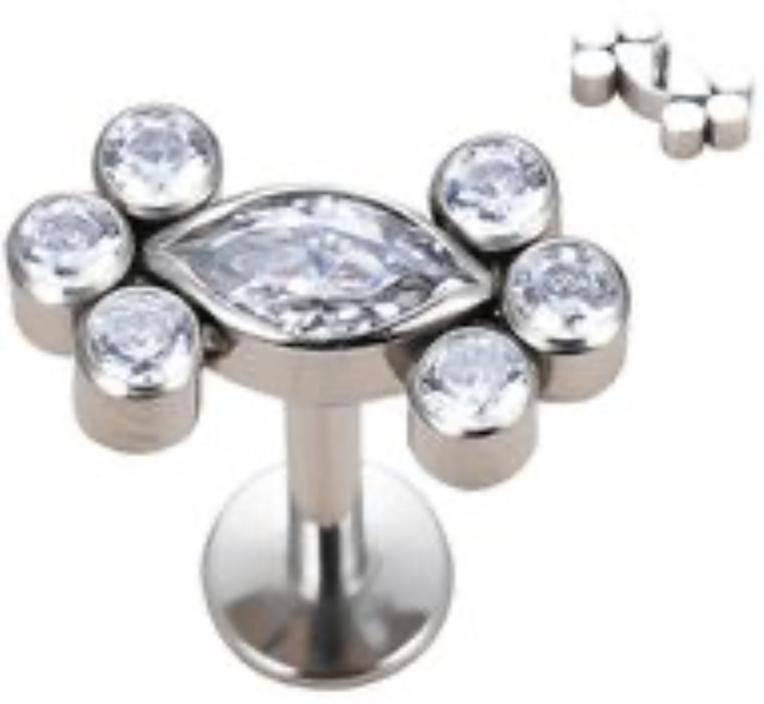 Internally Threaded Labret with Center Marquise Cz and side 3 Cz Cluster