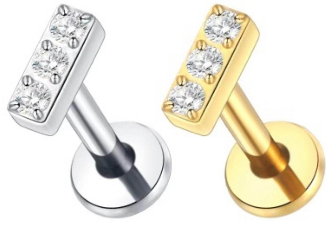 Internally Threaded Labret with 3 Cz Rectangle