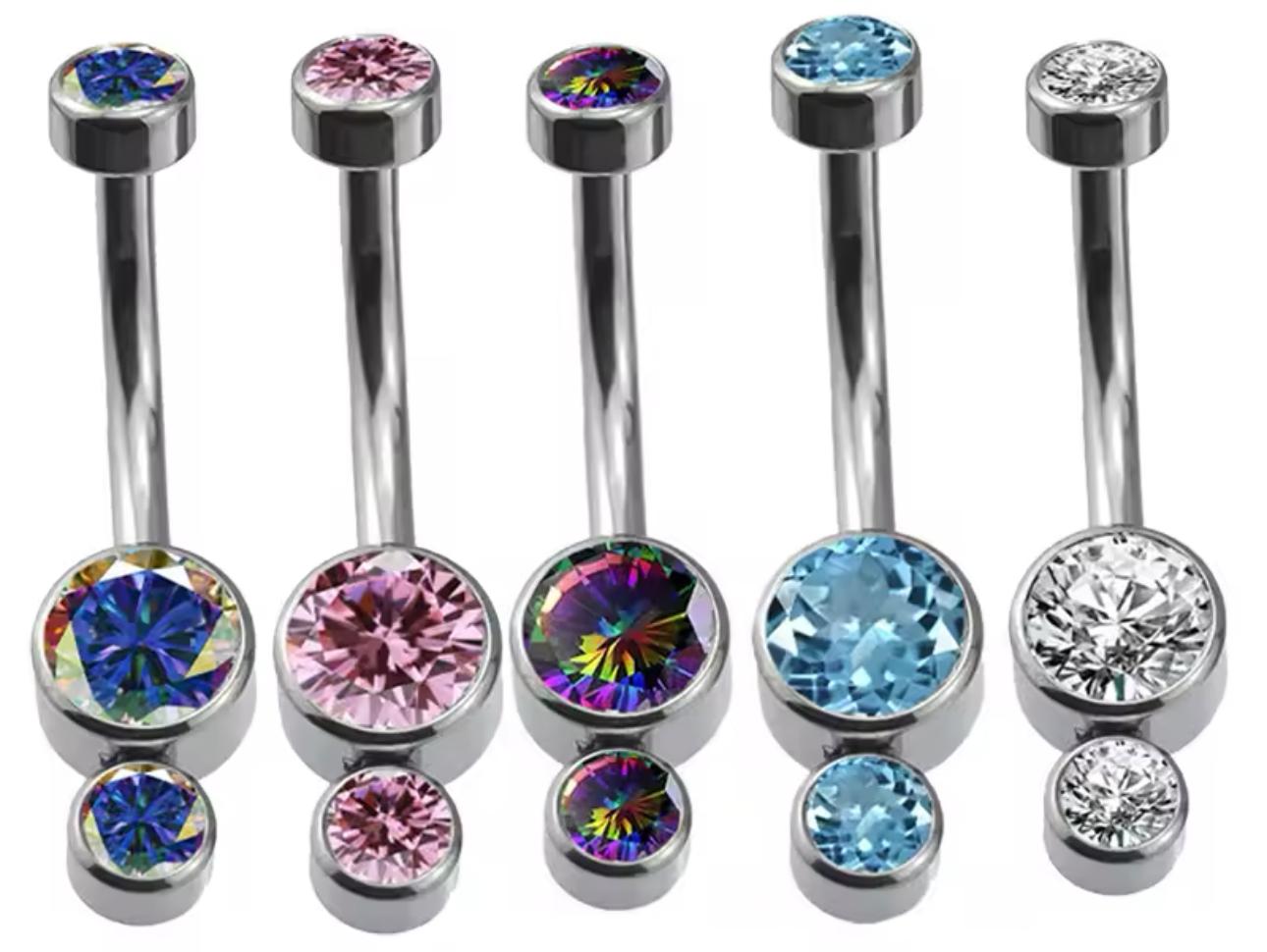 Navel Curved Barbell Round CZ with Bottom Double Round CZ