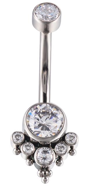 Navel Curved Barbell with Bottom Round CZ and 5 CZ Cluster and Ball Clusters