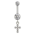 Navel Curved Barbell with Round CZ and Dangled Cross
