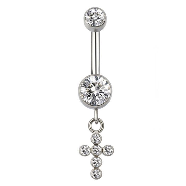 Navel Curved Barbell with Round CZ and Dangled Cross