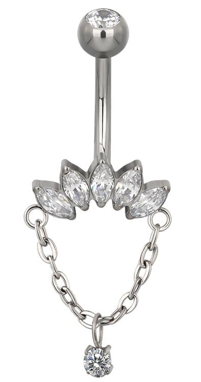 Navel Curved Barbell with Bottom Marquise Cluster and Dangled CZ Chain