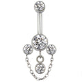 Navel Curved Barbell with Bottom 3 CZ Cluster and Dangle Round CZ Chain
