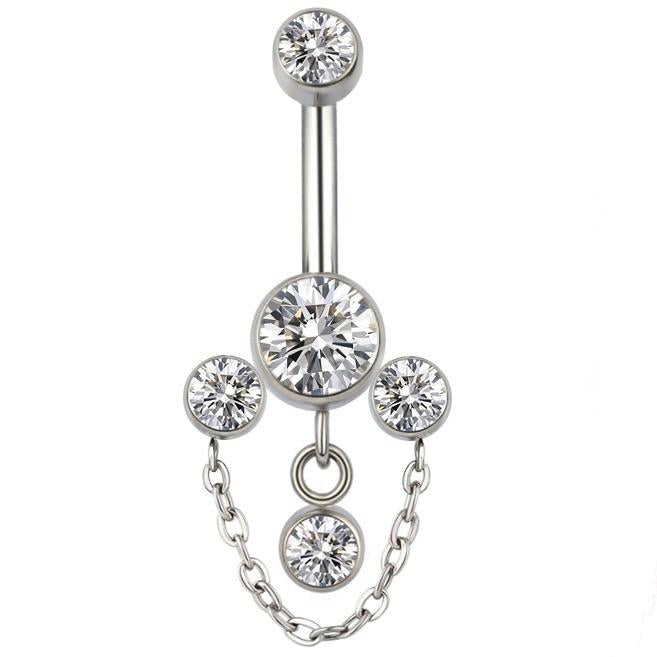 Navel Curved Barbell with Bottom 3 CZ Cluster and Dangle Round CZ Chain