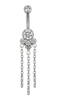 Navel Curved Barbell with Bottom CZ and Ball Cluster and 3 Dangle Chains