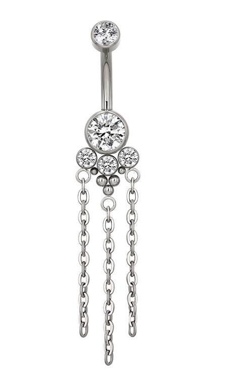 Navel Curved Barbell with Bottom CZ and Ball Cluster and 3 Dangle Chains