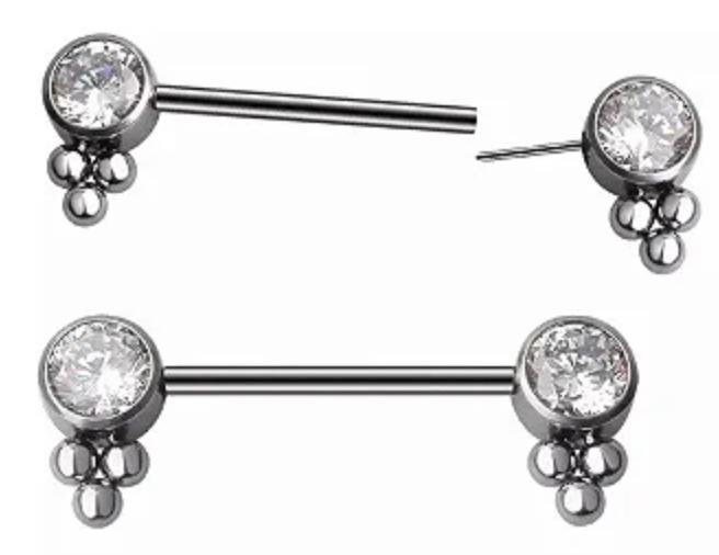 Threadless Straight Barbell with Bezel Set Round CZ and Tribead