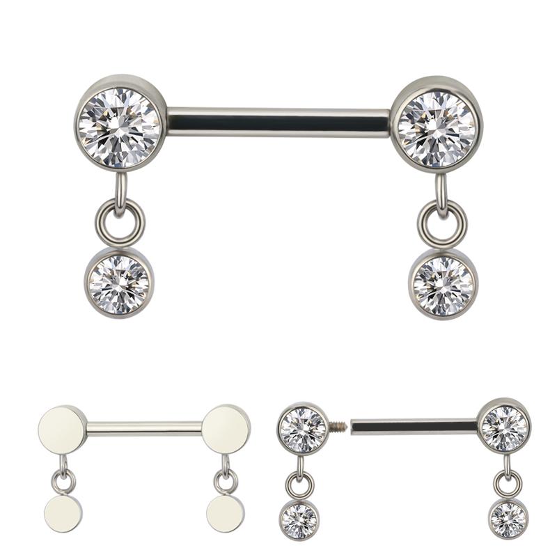 Straight Barbell with Round CZ with Chain Dangle Round CZ