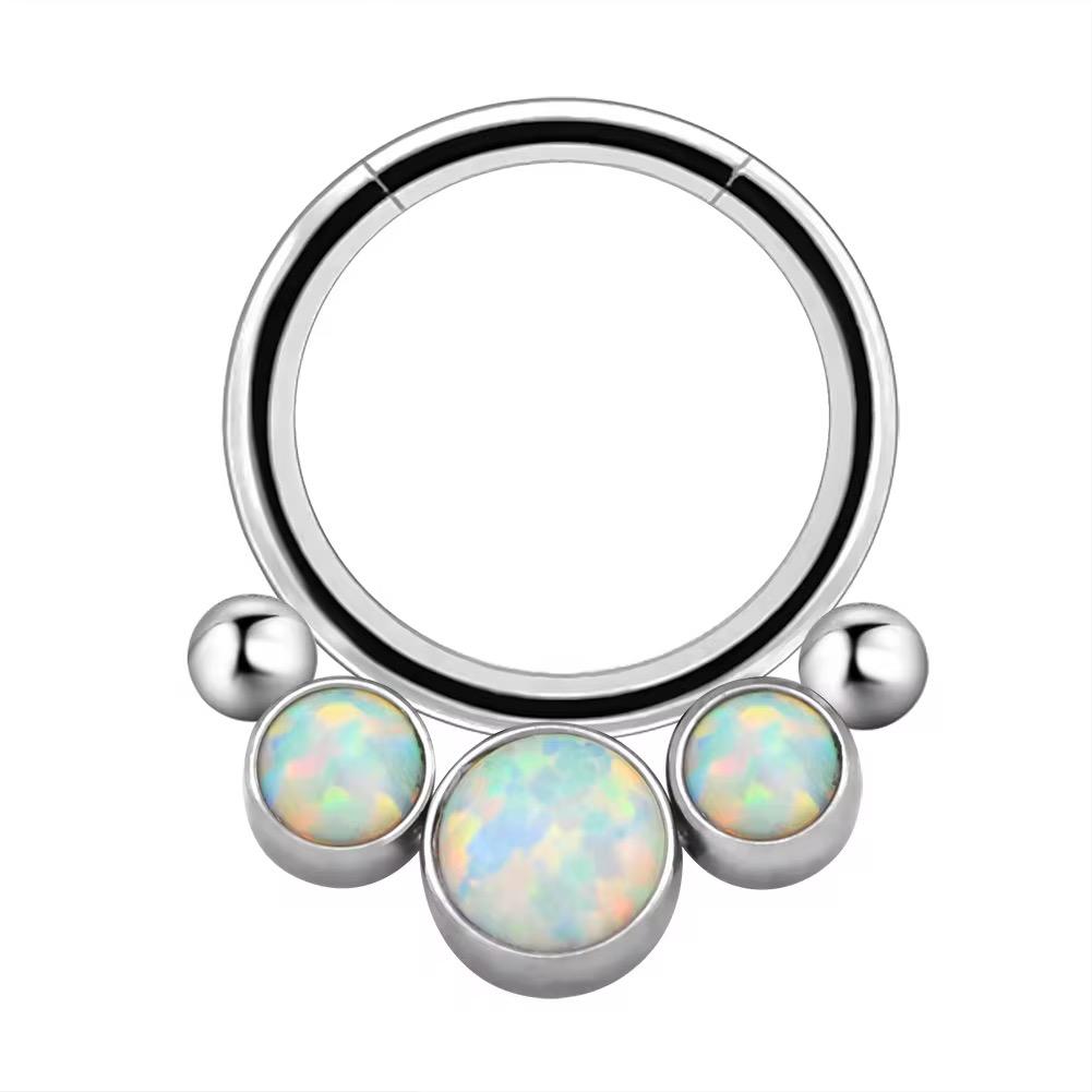 Titanium Hinge Ring with 3 White Opal Cluster and Side Balls