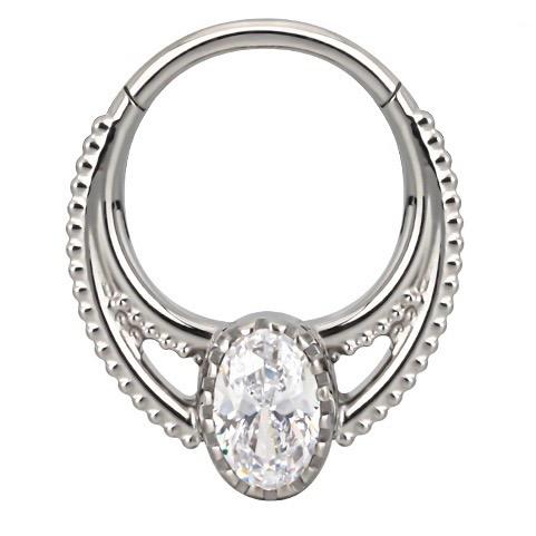 Titanium Hinge Ring Double Lined Bead Cluster with Center Oval CZ