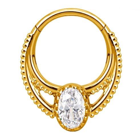 Titanium Hinge Ring Double Lined Bead Cluster with Center Oval CZ