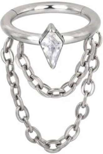 Titanium Hinge Ring with Side Kite CZ and Double Chain Dangle