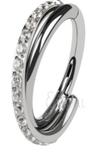 Titanium Hinge Ring Double Line Crossed Side Pave and Plain