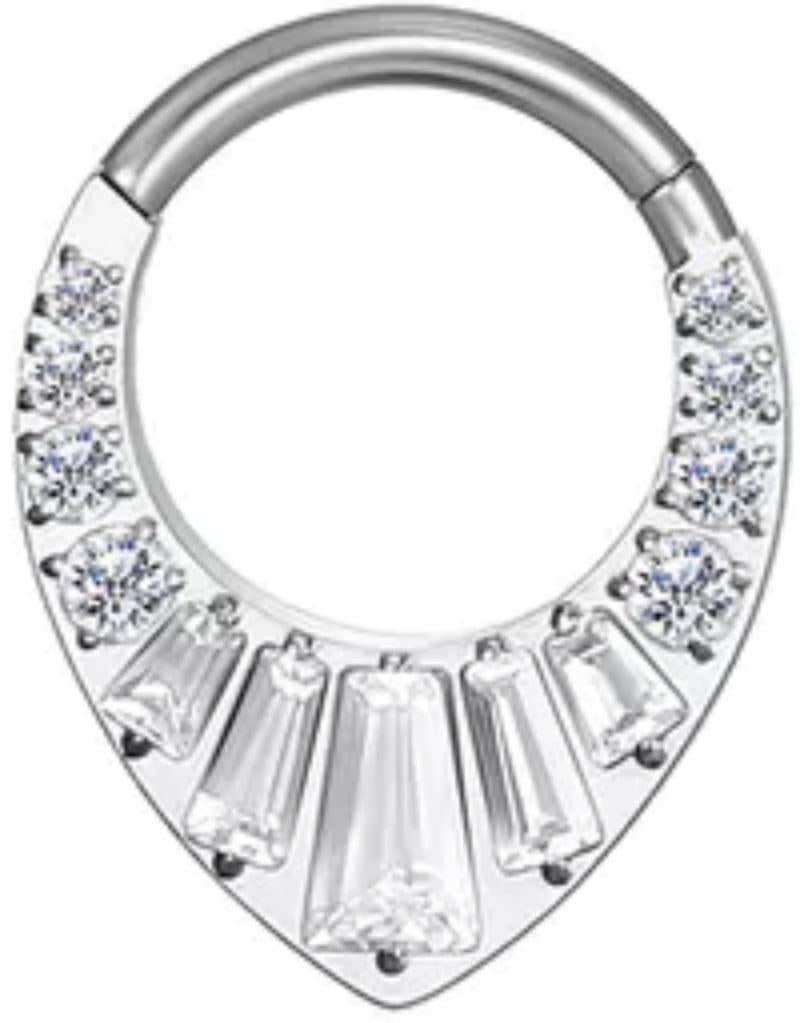 Titanium Teardrop Hinge Ring with Front Pave Baguette and Round CZ