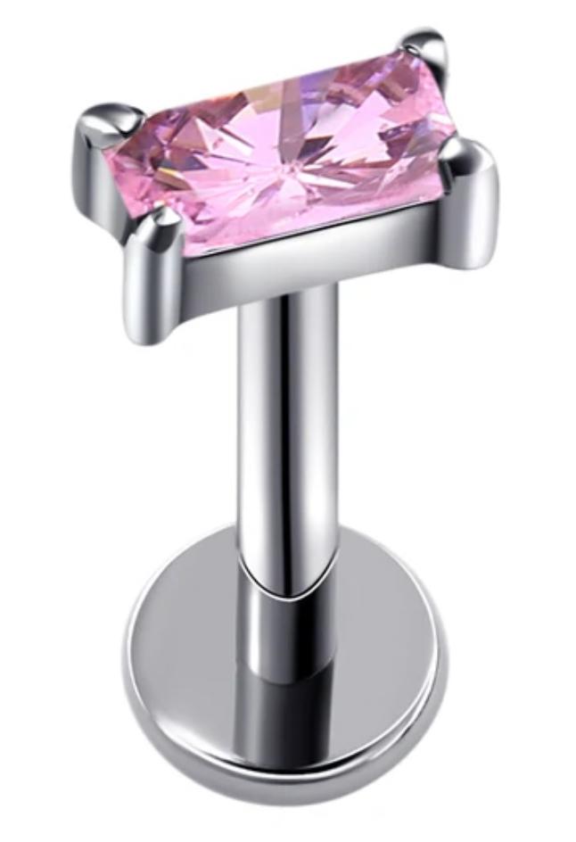 Threadless Labret with Prong Baguette Pink CZ