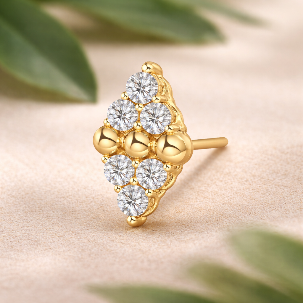 Threadless 14K Gold Diamond Shape with Round CZ and Center Beads